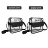 A clear shoulder crossbody bag with a black strap, featuring two styles of printed designs.