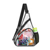 A clear PVC sling bag with black strap, featuring personal items, a drink bottle, and a phone visible inside.