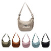 A collection of Dumpling Crossbody Bags in beige, olive green, brown, pink, light blue, and black, featuring a logo.