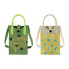Two knitted phone crossbody bags in green and cream, featuring floral designs and handles. One has a logo.