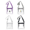 Four PVC clear crossbody bags in purple, grey, white, and black, each featuring a branding logo and an inner pouch.