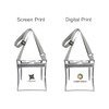 Two grey PVC clear crossbody bags with inner pouches, featuring different printing styles and a logo on each.