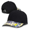 A custom black cap with a patterned peak, featuring tropical leaves and fruit designs. It has a logo on the front.