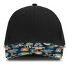 A black cap with a patterned peak featuring various logos and designs in blue, yellow, and white.