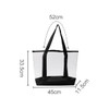 A transparent hand bag with black straps and a solid black base, featuring dimensions of 52cm x 33.5cm x 11.5cm.
