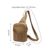 A tactical sling bag in tan, featuring an adjustable strap and multiple zippered pockets.