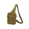 A tactical sling bag in a tan colour featuring multiple zippered compartments and an adjustable strap.