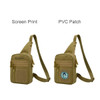 A tactical sling bag in khaki with a front pocket, featuring either a screen print or a PVC patch.