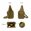 A tactical sling bag in khaki, featuring multiple zippered compartments and an interior pocket with a small device.