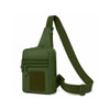 A green tactical sling bag featuring multiple zippered compartments and an adjustable strap. It has a logo on the front.