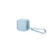 A light blue square silicone coin pouch with a zip closure and a carrying strap. It features a logo on the side.