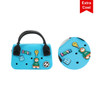 A mini handbag in blue featuring various colourful embellishments and a logo. Two handles are visible on top.