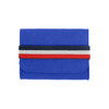 A blue felt essential oils travel organiser with a multi-coloured strap. It features a simple, compact design.