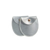 A silver oval PU leather jewelry pouch with a snap closure, featuring a smooth finish and a modest design.