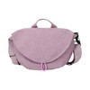 A pink casual crossbody bag with a flap closure and an adjustable strap, featuring a logo.