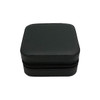 A square black PU leather jewellery box with a zipped closure. The surface features a textured pattern and a logo.
