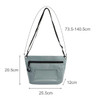 A grey PVC crossbody phone bag with a long adjustable strap and a front pocket. Measurements are included in the image.