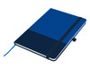 A navy and blue A5 notebook with an elastic band closure and a ribbon bookmark. It features a logo on the cover.