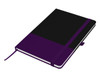 A purple and black A5 notebook with an elastic closure and a ribbon bookmark, featuring a logo on the cover.