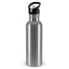 A drink bottle made of stainless steel with a black cap. It has a sleek, shiny finish and a logo on the side.