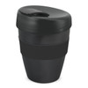 A drink bottle in dark green and black with a lid and a band around the middle. It features a logo.
