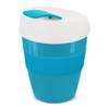 A drink bottle featuring a two-tone design in blue and white, with a lid and a logo on the surface.
