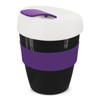 A reusable coffee cup in black and white with a purple silicone band and lid. Features a logo.