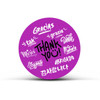 A circular purple sticker featuring the phrase "Thank You" and various translations in different languages.