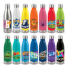 A drink bottle collection featuring various colours including stainless steel, bright yellow, orange, pink, blue, and green, each with unique designs.