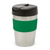 A drink bottle featuring a stainless steel body with a green silicone sleeve and a black lid.