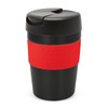 A drink bottle with a black body and a red band, featuring a black lid and a logo.