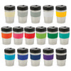A drink bottle collection featuring stainless steel cups with various coloured silicone bands and black lids.