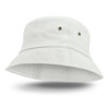 A white Bondi Bucket Hat with a wide brim and two ventilation eyelets on the sides.