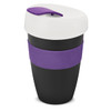 A drink bottle featuring a black body, a white lid, and a purple silicone band. It includes a logo.
