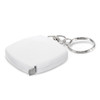 A white tape measure key ring with a silver keychain attachment.