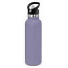 A drink bottle in a lavender colour with a black lid and a silver band, featuring a logo.