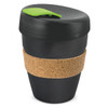 A reusable coffee cup in black with a cork band and green lid. Features a simple design and branding.