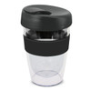 A drink bottle featuring a transparent body and a black lid and band, holding 330ml. It has a logo.