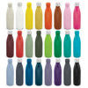 A drink bottle collection featuring various colours, including white, yellow, orange, pink, green, blue, and black, with metal caps.