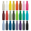 A drink bottle collection featuring various colours including white, yellow, orange, brown, pink, and more. Each bottle has a logo.