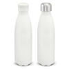 A drink bottle in matte white with a screw-on cap and a silver lid, featuring a logo.