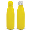 A drink bottle with a bright yellow powder-coated exterior and a shiny silver lid, featuring a logo.