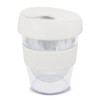 A drink bottle features a clear body with a white lid and band, designed for hot beverages with a capacity of 230ml.