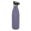 A drink bottle in a matte lavender finish with a black push button lid and stainless steel top, featuring a logo.