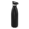 A drink bottle in matte black, featuring a stainless steel push button lid and a sleek design. Includes a logo.