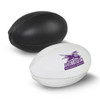 A mini rugby ball set featuring a black ball and a white ball, each displaying a logo.