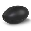 A black mini rugby ball featuring a smooth leather texture and stitched detailing.