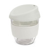 A drink bottle made of borosilicate glass, featuring a light grey silicone sleeve and lid. It has a sleek design.