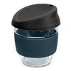 A drink bottle with a dark blue silicone sleeve and a black lid, made of clear borosilicate glass.