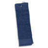 A dark blue golf towel with a hanging loop for easy attachment.